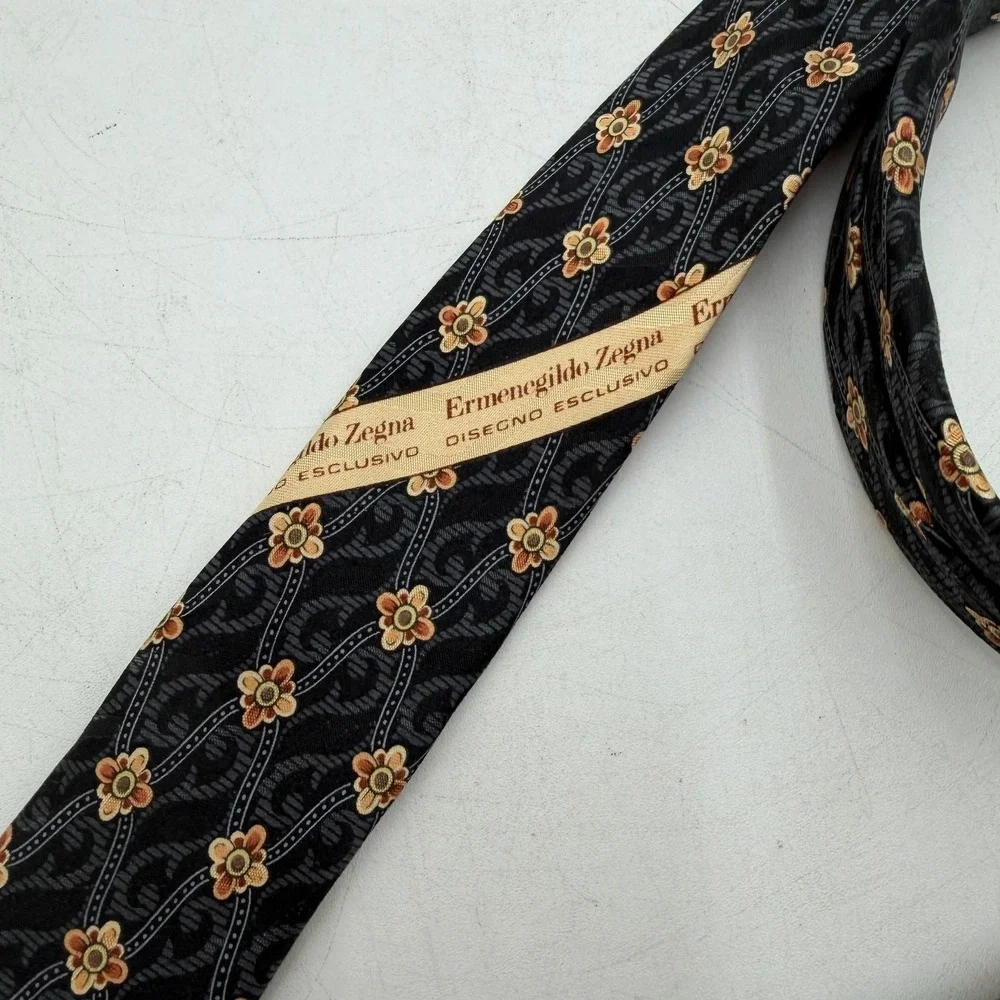 Ermenegildo Zegna Tie Mens One Size Black Silk Floral Pattern Made In Italy